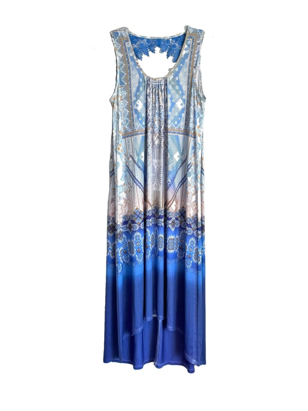 World Unity Sleeveless Blue Lace-Back High Low Dress MIDI